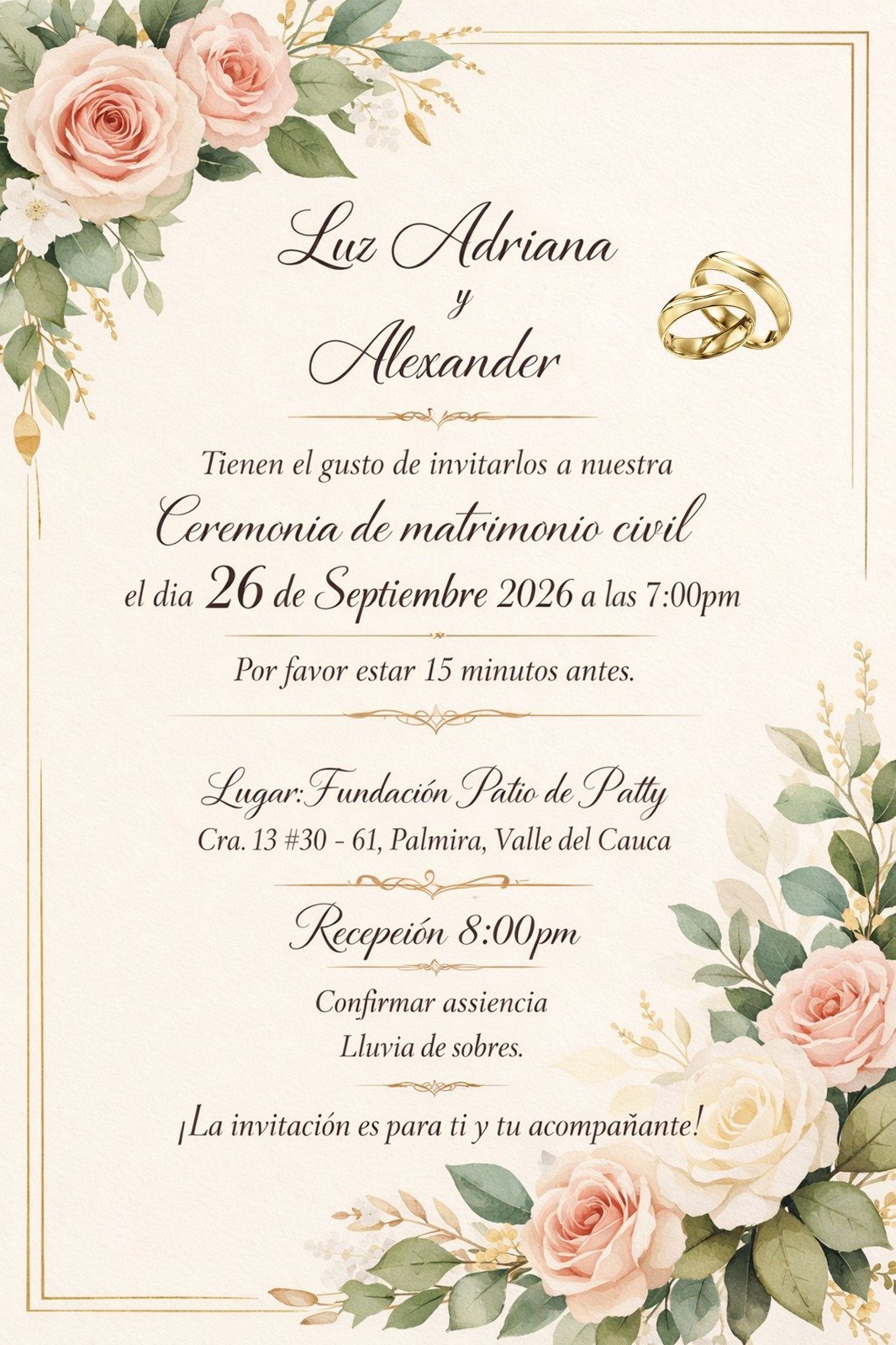 Invitación de boda de Luz Adriana y Alexander